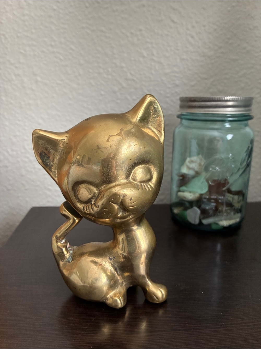 Vintage 5” Brass Big Head Cat Figurine Sculpture Decor Shelf Sitter Decoration